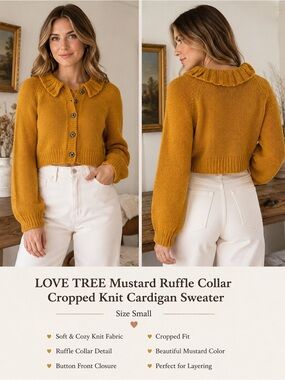 Love Tree Mustard Ruffle Collar Cropped Cardigan Sweater